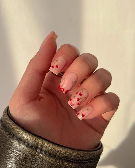 Cherry Heart Nails Acrylic, Valentines Day Nails With Cherries, Cherry Nails Square Short, Valentines Overlay Nails, Valentines Day Nails Teddy Bear, Valentines Cherry Nails, Cherry Valentines Nails, Valentines Day Nails Cherry, Medium Length Valentine Nails