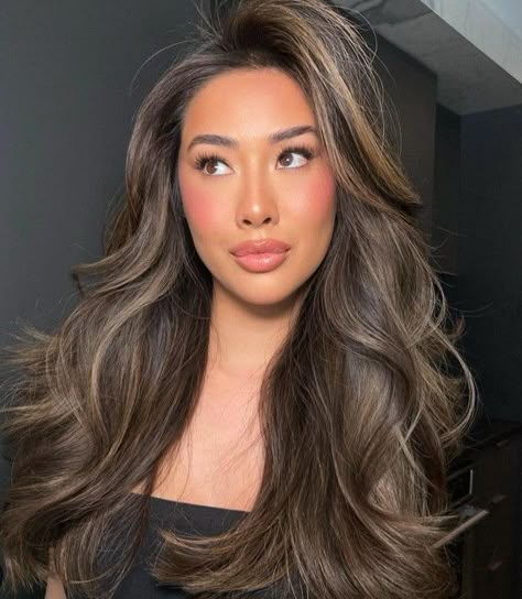 Dark Brown Hair With Highlights Latina, Dark Roots Ash Brown Hair Balayage, Hair For Dark Features, Mushroom Black Hair, Dark Brown Hair For Olive Skin Tone, Balayage For Warm Skin Tone, Cold Brown Balayage, Ash Brown Balayage Asian, Mushroom Brown Balayage On Dark Hair