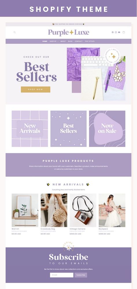 Purple Luxe is a Shopify 2.0 Theme that was carefully planned and built for days to perfect that beautiful shop design while still making it functional with all the important things a shop needs. VIEW THE LIVE DEMO HERE: purpleluxe-pastelgrid.myshopify.com Password: pastelgrid This theme is super-customizable and has a lot of features that can make your shop design flexible with all the things you want to include. What’s Included in Your Purchase: Shopify Theme in Zip File Installation Guide Edi Lavender Website Design, Purple Website Design, Website Layout Template, Purple Cafe, Website Design Inspiration Business, Boutique Aesthetic, Theme Pastel, Aesthetic Website, Me Template