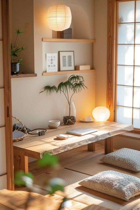 Home Decor Ideas Scandinavian Style, Japandi Style Home Office, Office Japanese Style, Cozy Office Space At Home, Japandi Villa, Japanese Office Design, Japanese Home Office, Japan Interiors, Zen Office Space