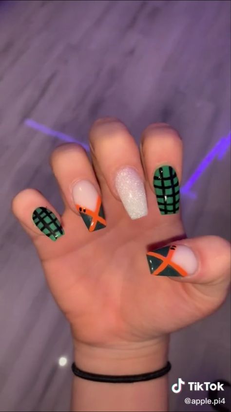 Bakugou Nails Acrylic, Bakugo Nails Design, Bakudeku Nails, Bakugo Inspired Nails, My Hero Academia Nails Acrylic, Haikyu Nails, Mha Nail Designs, Deku Nails, Bakugou Nails