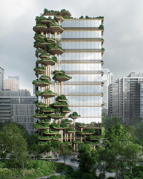 lush terraces by victor ortiz climb urupê tower like fungal growths Vincenzo De Cotiis, Green Terrace, Green Facade, Nature Projects, Island Villa, Mix Use Building, Green Architecture, 3d Studio, Urban Farming