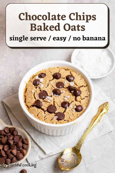 Chocolate Chip Baked Oats No Banana, Easy Baked Oats No Banana, Baked Oats Without Egg, Baked Oats For One, Vegan Baked Oats, Wfpb Breakfast, Vegan Chocolate Chips, Quick Baking, Microwave Baking