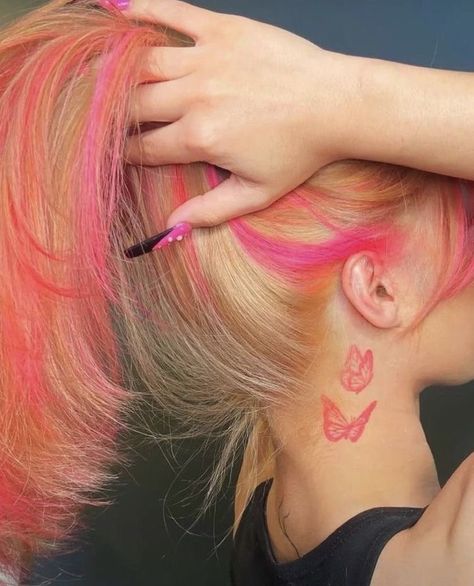 Pink Tattoo Ideas, Pink Tattoo Ink, Blue Ink Tattoos, Butterfly Neck Tattoo, Rose Tattoo Stencil, Baddie Tattoos, Waterfall Braid Hairstyle, Flat Twist Hairstyles