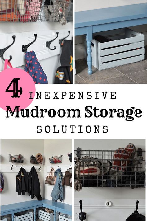 Four easy and inexpensive mudroom storage solutions to get your home organized! #homeorganization #mudroom #laundyroom Simple Mud Room Ideas, Glove Storage Ideas, Outdoor Mudroom, Entryway Baskets, Room Makeover On A Budget, Entryway Basket, Laundy Room, Mudroom Storage, Mudroom Makeover