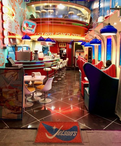 Jetson’s Restaurant The Jetsons Aesthetic, Jetsons Aesthetic, Vaporwave Mall, Cowboy Restaurant, Wacky Pomo, 70s Core, Futuristic Restaurant, Future Restaurant, Futuristic Decor