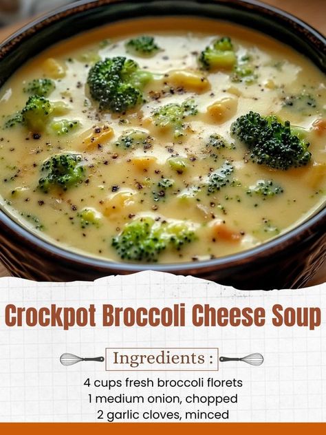 Creative Cookery Creative Cookery Recipes, Crockpot Broccoli Cheese Soup, Potato Broccoli Soup, Crockpot Broccoli, Creative Cookery, Soup Ingredients, Broccoli Soup, Broccoli Cheese Soup, Broccoli Cheese