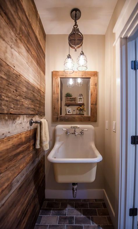 Vintage Ranch House Decor, Industrial Bathroom Sink, Yankee Barn Homes, Barn Bathroom, Western Ideas, Powder Bathroom, Lighting Fixtures Kitchen Island, Laundry Ideas, Barndominium Plans