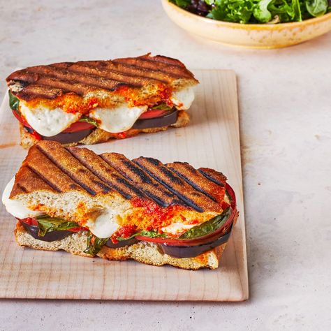 eggplant-parm-panini-recipe-0921din Eggplant Panini, Literary Recipes, Vegetarian Camping, Panini Recipe, Grilled Sandwiches, Panini Recipes, Eggplant Parm, Panini Sandwiches, Magazine Clippings