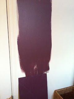 The color on the wall is Benjamin Moores' Dark Walnut, the Farrow & Ball Brinjal is painted on the cardboard below it. Aubergine Paint Color, Brinjal Farrow And Ball, Aubergine Bedroom, Burgundy Paint Colors, Aubergine Paint, Plum Paint Colors, Cabin Paint Colors, Plum Walls, Powder Room Paint