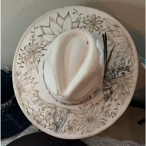 Gorgeous Burnt Cream Fedora With Sunflowers, Wildflowers, And A Longhorn. Ribbon And Feathers As Accents. Black Added To Burn In Areas For Contrast!