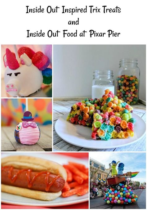 Inside Out Riley's Memories Trix Treats and Inside Out Pixar Pier Food Pixar Inspired Food, Inside Out 2 Themed Food, Inside Out Inspired Food, Inside Out Dinner Ideas, Inside Out Dinner And A Movie, Inside Out Party Food, Inside Out Movie Night Food, Inside Out Food Ideas, Inside Out Themed Food