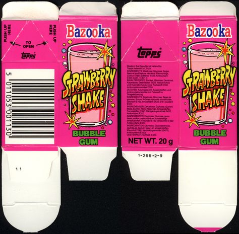 Ireland - Topps - Bazooka Strawberry Shake Bubble Gum carton package - 1980's 1990's 90s Packaging, Gum Packaging, Juice Carton, Snack Packaging, Strawberry Shake, Barbie Printables, Packaging Template Design, Barbie Food, Banana Art