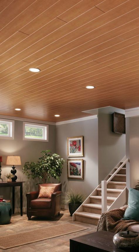 Pvc Ceiling Design Living Rooms, Ply Ceiling, Ceiling Alternatives, Ceiling Planks, Basement Ceiling Options, Low Ceiling Basement, Basement Ceiling Ideas, Ceiling Options, Types Of Ceilings