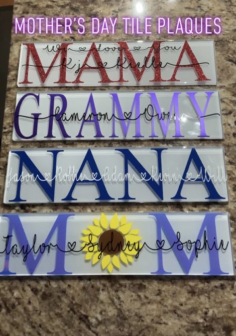 Mom gift. Mother’s Day gift. Mother’s Day tile plaque. Glass tile gift. Dad tile. Mother’s Day custom gift. Personalized mom gift Vinyl Mothers Day Gifts, Tile Cricut Projects, Cricut Projects For Mothers Day Gifts, Mother’s Day Gifts Diy Cricut, Mom Tiles With Names, Mothers Day Gifts With Cricut, Mother Day Cricut Ideas, Subway Tile Crafts, Cricut Mothers Day Gifts To Sell