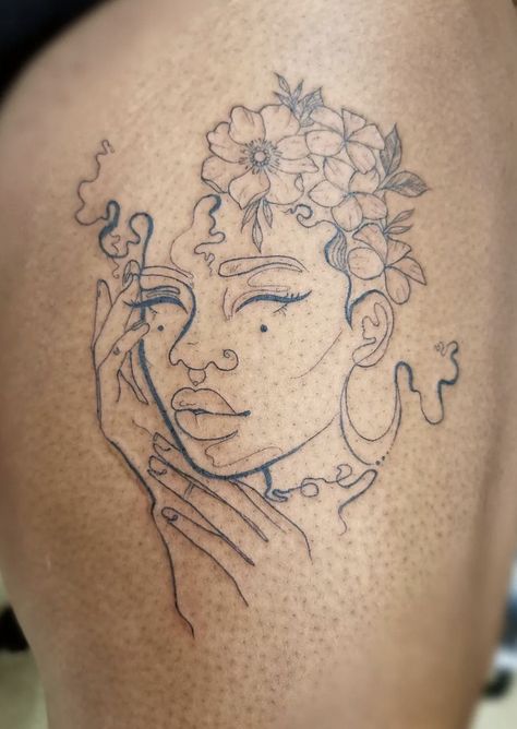 Flower Thigh Tattoos Black Women, Curly Hair Tattoo, She Is Art Tattoo Ideas, Afrocentric Tattoos For Women, Afro Tattoo, Small Dope Tattoos, Lower Arm Tattoos, Flower Thigh Tattoos, Father Tattoos