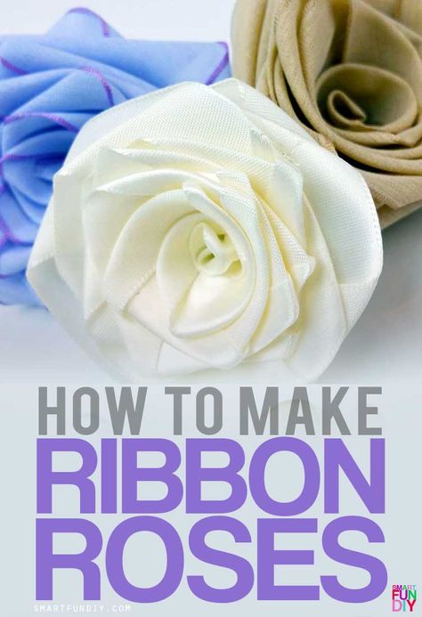 How to make ribbon roses using ANY ribbon - looks best with satin and cotton ribbon. Never buy flowers again - just MAKE your own!! with SmartFunDIY Ribbon Flowers Diy, Satin Ribbon Roses, Ribbon Flower Tutorial, Fabric Flower Tutorial, Felt Flower Headband, Cotton Ribbon, Mason Jar Crafts Diy, Fabric Flowers Diy, Ribbon Roses