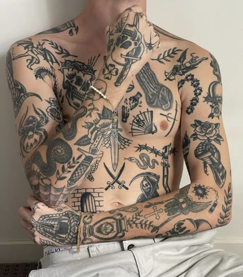 Traditional Chest Tattoo, Patch Work Tattoo, Traditional Tattoo Drawings, Traditional Black Tattoo, Patchwork Tattoos, Tattooed Guys, Torso Tattoos, Traditional Tattoo Sleeve, Wrist Tattoos For Guys