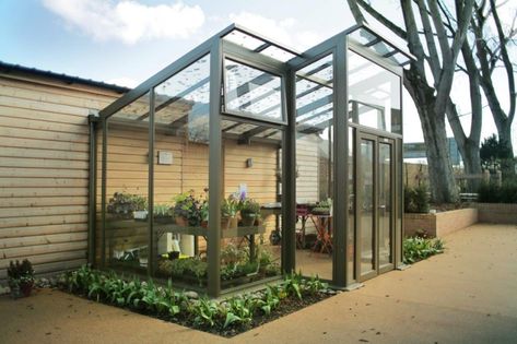 Modern Greenhouse Design, Contemporary Greenhouses, Corner Summer House, Modern Greenhouses, Orchid House, Backyard Storage Sheds, Green House Design, Patio Layout, Healing Garden