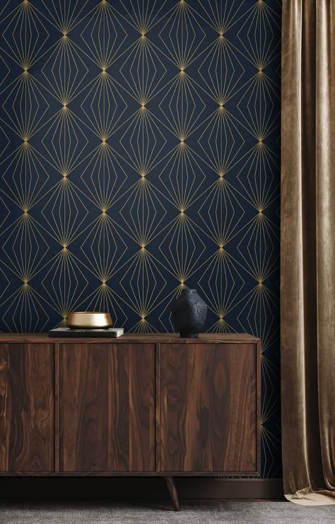 Mid Century Modern Wallpaper, Modern Wallpaper Designs, Geometric Pattern Wallpaper, Farmhouse Living Room Decor Ideas, Diamond Vector, Navy Wallpaper, Modern Farmhouse Living Room, Art Deco Wallpaper, Art Deco Home