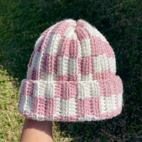 Look what I just found on Depop 👀 Crochet Beanie Aesthetic, Crochet Checkered Beanie, Crochet Beanie Ideas, Cute Crochet Beanie, Checkered Beanie, Pink And White Crochet, Crochet Checkered, Fruit Aesthetic, Short Crochet