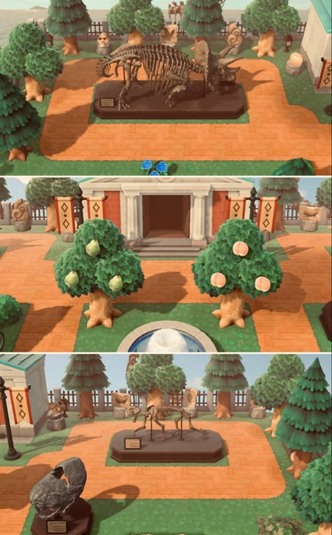 Cute Animal Crossing Entrance Ideas, Museum Acnh Design, Animal Crossing Fossil Design, Fences Animal Crossing, Animal Crossing Island Museum, Museum Design Animal Crossing, Museum Inspo Acnh, Acnh Island Designs Shops, Acnh Island Design Museum