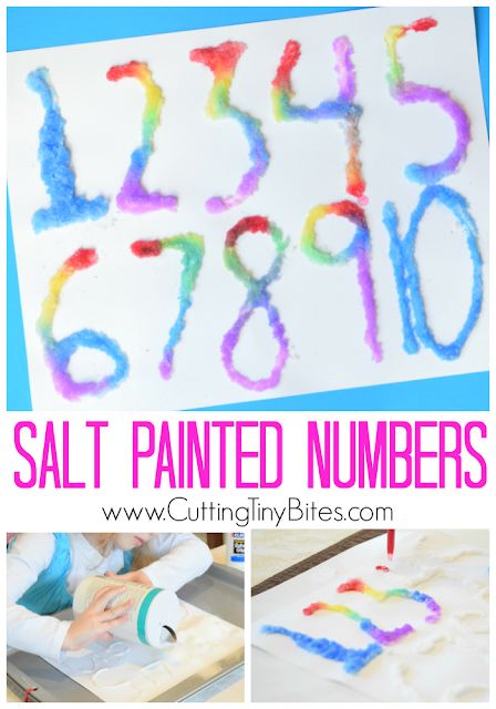 Salt painted numbers. Help preschoolers with their math by letting them learn numbers with this fun craft technique! Also great for fine motor development. Number 9 Craft, Tiny Bites, Number Crafts, Fine Motor Development, Sensory Diet, Learn Numbers, Math Activities For Kids, Prek Math, Kindergarten Curriculum