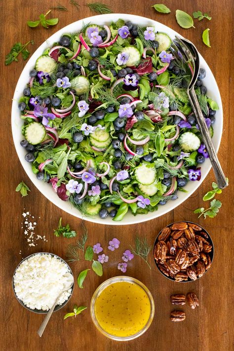 This amazing Blueberry Arugula Herb Salad is a healthy, super delicious way to feed a crowd. It\'s perfect for parties, potlucks and picnics! #blueberryarugulasalad, #arugulasalad, #healthysalad, #saladforacrowd Strawberry Kale Salad, Quick Pickled Red Onions, Salads For A Crowd, Strawberry Spinach, Spinach Strawberry Salad, Herb Salad, Fun Salads, Arugula Salad, Spinach Salad