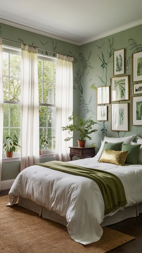 Discover tranquility in this serene bedroom adorned with lush green botanical wallpaper. Soft natural light pours in through sheer curtains, illuminating a luxurious queen-sized bed with vibrant accents. A vintage bedside table complements a gallery of nature-themed art, creating a harmonious atmosphere. Perfect for relaxation, this cozy sanctuary invites you to unwind amidst nature's beauty. #BedroomDecor #BotanicalDesign #HomeInspiration Botanical Themed Bedroom, Green Botanical Wallpaper, Botanical Bedroom, Vintage Bedside Table, Wallpaper Soft, Bedroom Oasis, Bedroom Decor Inspiration, Serene Bedroom, Garden Bedroom