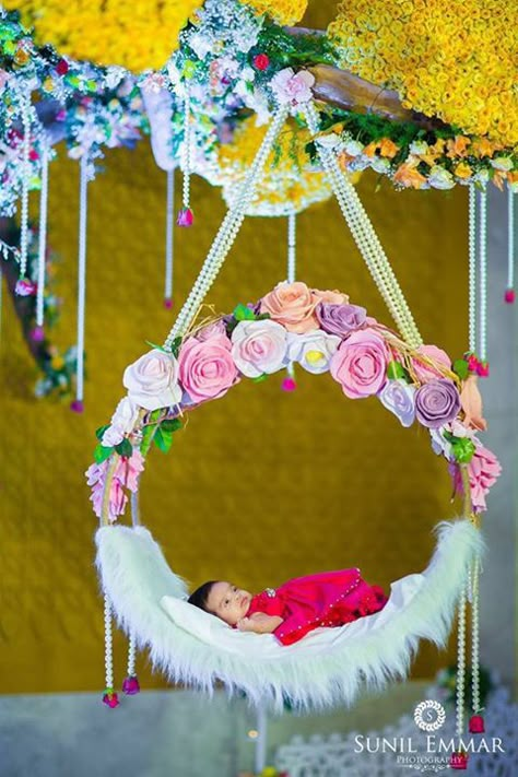 Naming ceremony Cradle Ceremony Decoration, Gud Nite, Cradle Decoration, Naming Ceremony Decoration, Indian Baby Showers, Cradle Ceremony, Marriage Decoration, Beautiful Wedding Decorations, Baby Cradle