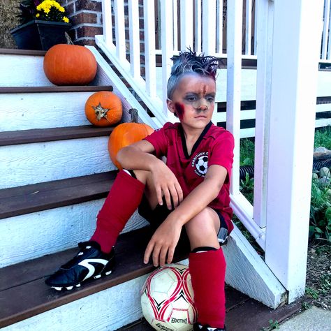 Zombie Soccer Player, Hair & Makeup done by Me Zombie Baseball Player Makeup, Soccer Zombie Costume Ideas, Dead Soccer Player Costume, Boys Zombie Makeup, Zombie Makeup Ideas For Kids, Zombie Boy Makeup, Zombie Football Player Costume Diy, Soccer Costume, Zombie Kids Makeup