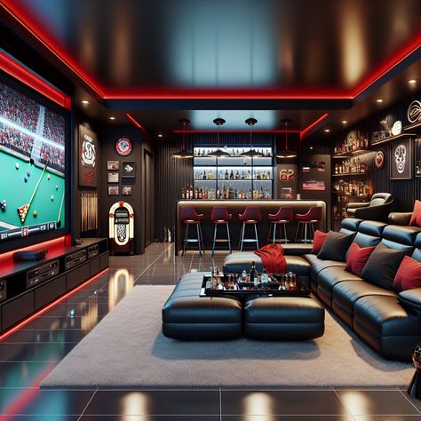 Step inside this sleek, modern man cave with a striking black and red color theme. It's furnished with a leather sofa, a colossal curved screen TV, a top-class billiards table, a vintage jukebox, a well-stocked mini bar, and chic bar stools. The shine of neon lights casts a cozy yet vibrant allure on sports memorabilia each telling a story. 

#ManCave #InteriorDesign #HomeDecor #ModernDesign #EntertainmentRoom #GameRoom Man Cave Luxurious, Man Cave Black Walls, Gaming Room Man Cave, Man Cave Gaming Room, Modern Man Cave Design, Man Cave Game Room Ideas, Basement Hangout Room, Game Room Ideas Family, Black Man Cave