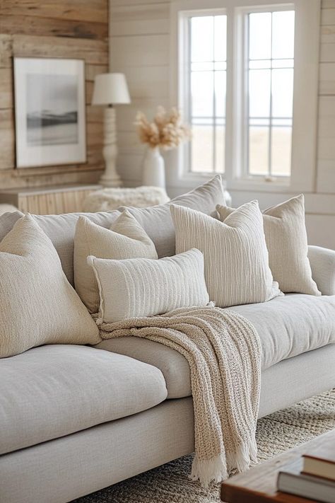 29 Grey Sofa Living Room Ideas To Pair With Bold Accents - Courtneys World Pillows With Light Grey Couch, Grey Sofa With Beige Pillows, Grey Sofa Living Room Ideas, Warm Neutral Living Room, Living Room Makeovers, Neutral Living Room Ideas, Gray Sofa Living, Sofa Living Room Ideas, Light Gray Couch