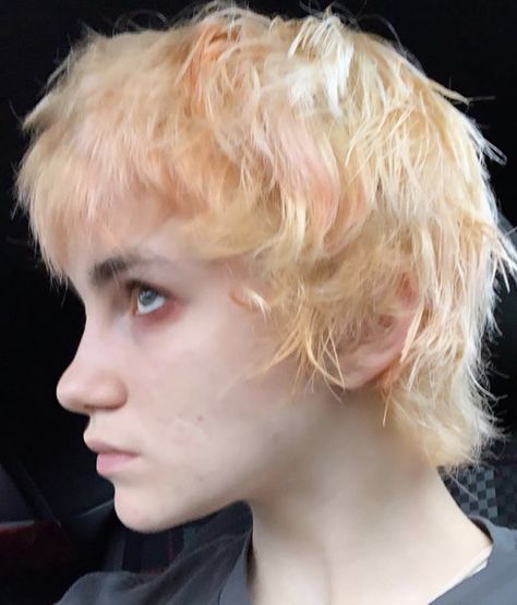 Bleached Mullet Men, Grown Out Bleached Hair Men, Queer Mullet Short, Bleach Blonde Mullet Man, Queer Mullet Shaved Sides, Short Punk Haircuts, Ftm Haircuts, Hair Inspiration Short, Punk Hair