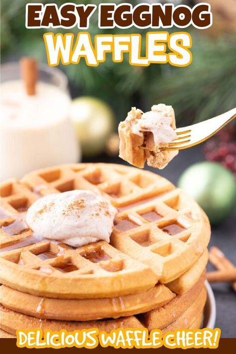 These Eggnog Waffles are the perfect Christmas morning breakfast idea. Take you traditional waffles recipe to the next level and add in eggnog. They are easy and delicious to make in a waffle maker with your favorite sides. My kids have said that these are the best waffles. Now they start asking for them as soon as eggnog hits the stores. #christmasonadime #eggnogwaffles #eggnogrecipes Eggnog Waffles Recipe, Egg Nog Waffles Recipe, Christmas Waffle Recipe, Waffles Breakfast Ideas, December Breakfast Ideas, Egg Waffle Recipe, Eggnog Waffles, Sourdough Waffle Recipe, Eggnog Pancakes