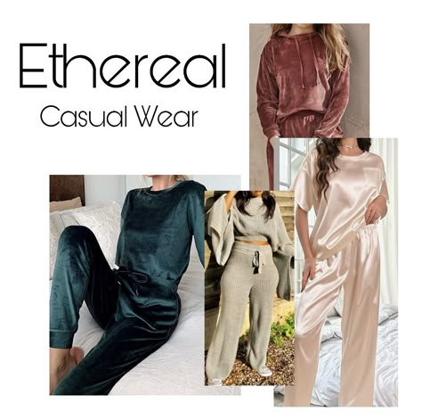 Casual/ athleisure inspiration for the Ethereal Essence. Soft Dramatic With Ethereal Essence, Modern Ethereal Outfits, Ethereal Classic Style, Angelic Essence Style Casual, Ethereal Essence Style Casual, Ethereal Ingenue Style, Ethereal Outfits Aesthetic, Ethereal Natural Classic, Ethereal Aesthetic Outfits Casual