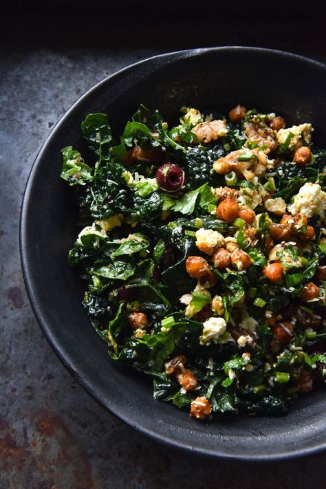 Kale, feta and crispy chickpea salad - George Eats Kale Feta Salad, Crispy Chickpea Salad, Kale Chickpea Salad, Winter Kale Salad, Chickpea Feta Salad, Garbonzo Beans, Kale Feta, Crispy Chickpea, Salad With Cucumber