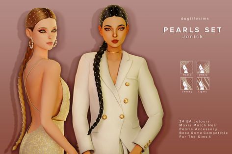 PEARLS HAIR SET - Janick | Daylife Sims on Patreon Daylife Sims, Pearls Hair, Sims 4 Traits, Hair Set, 2000s Clothes, Sims 4 Dresses, Sims 4 Mm, Sims 4 Toddler, Sims Four