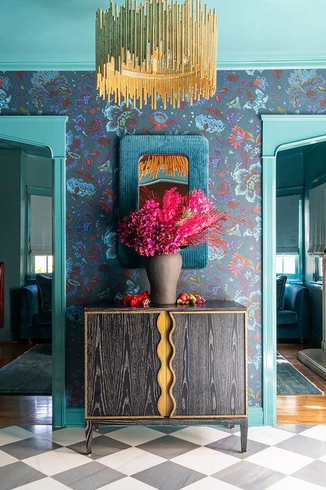 10 ways to make a dark entryway sing, according to designers | Dark Entryway Ideas, Moody Maximalist Decor, Maximalist Entryway, Dark Entryway, Maximalism Living Room, Eclectic Modern Living Room, Colorful Entryway, Maximalist Decor Vintage, Dark Maximalism