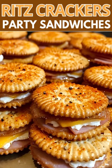 RITZ® Crackers Party Sandwiches Quick Snack Foods For Party, Snack Sandwiches Appetizers, Party Cracker Sandwiches, Cracker Hors D’oeuvres, Snacks To Share Parties, Appetizer Sandwiches For Party, Ritz Crackers Party Sandwiches, Snacks With Ritz Crackers, Ritz Cracker Party Sandwiches Recipes