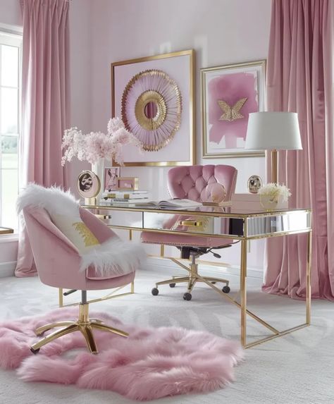 Princess Office, Pink Office Ideas, Girly Office Space, Feminine Home Office Classy, Pink Home Office, Pink Office Decor, Office Redo, Girly Office, Glam Office