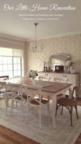 French Provincial style Dining room with wallpaper crossback chairs white furniture hydrangeas chandelier French Dining Rooms, Dining Room With Wallpaper, French Provincial Living Room, Room With Wallpaper, French Provincial Dining Room, Paper Bedroom, Provincial Decor, French Provincial Decor, French Provincial Dining