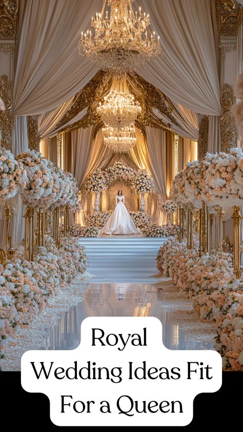 A beautiful royal wedding setup with luxurious decor, elegant attire, and a majestic venue fit for a queen, showcasing ideas for creating a regal and unforgettable wedding day. Royal Wedding Venue Ideas, Royal Themed Wedding Decor, Royal Wedding Centerpieces, Royal Inspired Wedding, Heaven Theme Wedding, Royal Wedding Flowers, Royal Wedding Theme Ideas, Royal Wedding Theme Decorations, Heavenly Wedding Theme