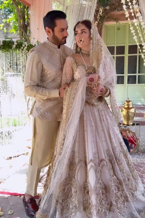 Nikkah Dress For Groom, Muslim Reception Dress For Bride, Nikkah Couple Outfit, Muslim Groom Outfit For Nikah, Muslim Engagement Look, Nikkah Dress Muslim, Nikah Dress Pakistani, Nikkah Outfit, Pakistan Bridal