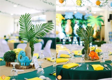 Dinosaur Table Centerpiece Diy, Dinosaur Party Table Centerpiece, Centerpieces Dinosaur Party, Dinosaur Themed Birthday Party Centerpiece, Dino Theme Centerpiece, Dino Themed Centerpieces, One Dino Mite Party, Dino Table Centerpiece, Dinosaur Baby Shower Table Centerpieces