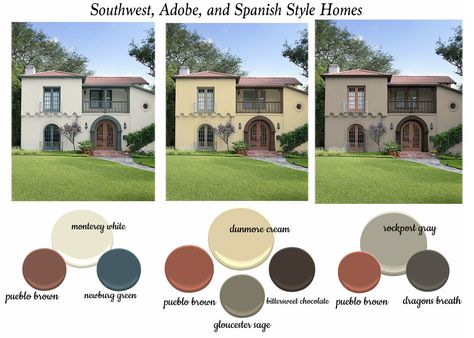 Southwest, Adobe, Spanish Style - combo schemes by The Decorologist Pueblo Style Homes Exterior, Spanish Style Home Paint Colors, Stucco Homes Exterior Colors Farmhouse, Modern Spanish Style Homes Exterior Paint Colors, Spanish Style Homes Exterior Paint Color, Exterior House Colors Spanish Style, Spanish Style Home Color Palette, Southwest Exterior House Colors, Greek Exterior