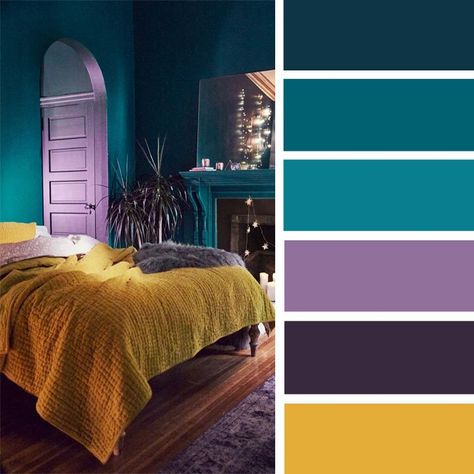 Too dark and closed off, BUT warm teal + yellow combo is interesting. Green/yellow/wood... Bedroom Colors Purple, Bedroom Teal, Lavender Bedroom, Teal Color Palette, Bedroom Purple, Best Color Schemes, Teal Bedroom, Purple Bedrooms, Bedroom Colour Palette