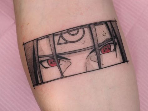 Itachi Uchiha Small Tattoo, Itachi Tatoos Design, Anime Square Tattoo, Sasuke Eyes Tattoo, Itachi Sharingan Tattoo, Itachi Eyes Tattoo, Naruto Shippuden Tattoo Ideas, Itachi Uchiha Tattoo Ideas, Itachi Uchiha Tattoo Design