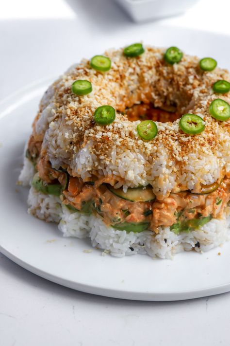 Spicy Shrimp Crunch Bundt - Food My Muse Sushi Bundt Cake, Cucumber Shrimp, Calrose Rice, Rice In A Rice Cooker, Traditional Sushi, Japanese Mayo, Raw Sushi, Unagi Sauce, Shrimp Sushi