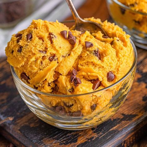 Edible Pumpkin Chocolate Chip Cookie Dough Recipe - Sweet Cs Designs Pumpkin Cookie Dough Edible, Edible Pumpkin Cookie Dough, Pumpkin Magic Bars, Pumpkin Hand Pies, Chocolate Chip Cookie Dough Recipe, Vegan Pumpkin Cookies, Pumpkin Magic, Pumpkin Pie Cookies, Edible Cookie Dough Recipe